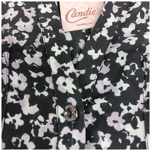 CANDIE'S-Women's Floral Button down-Top-MEDIUM-Black-White-Purple-Work-Casual - Picture 12 of 16